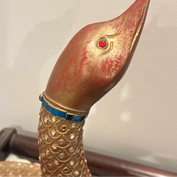 Folk Art Hand Carved Wood Decorated Golden Goose Sculpture Embossed Stone Carved - Picture 7 of 12
